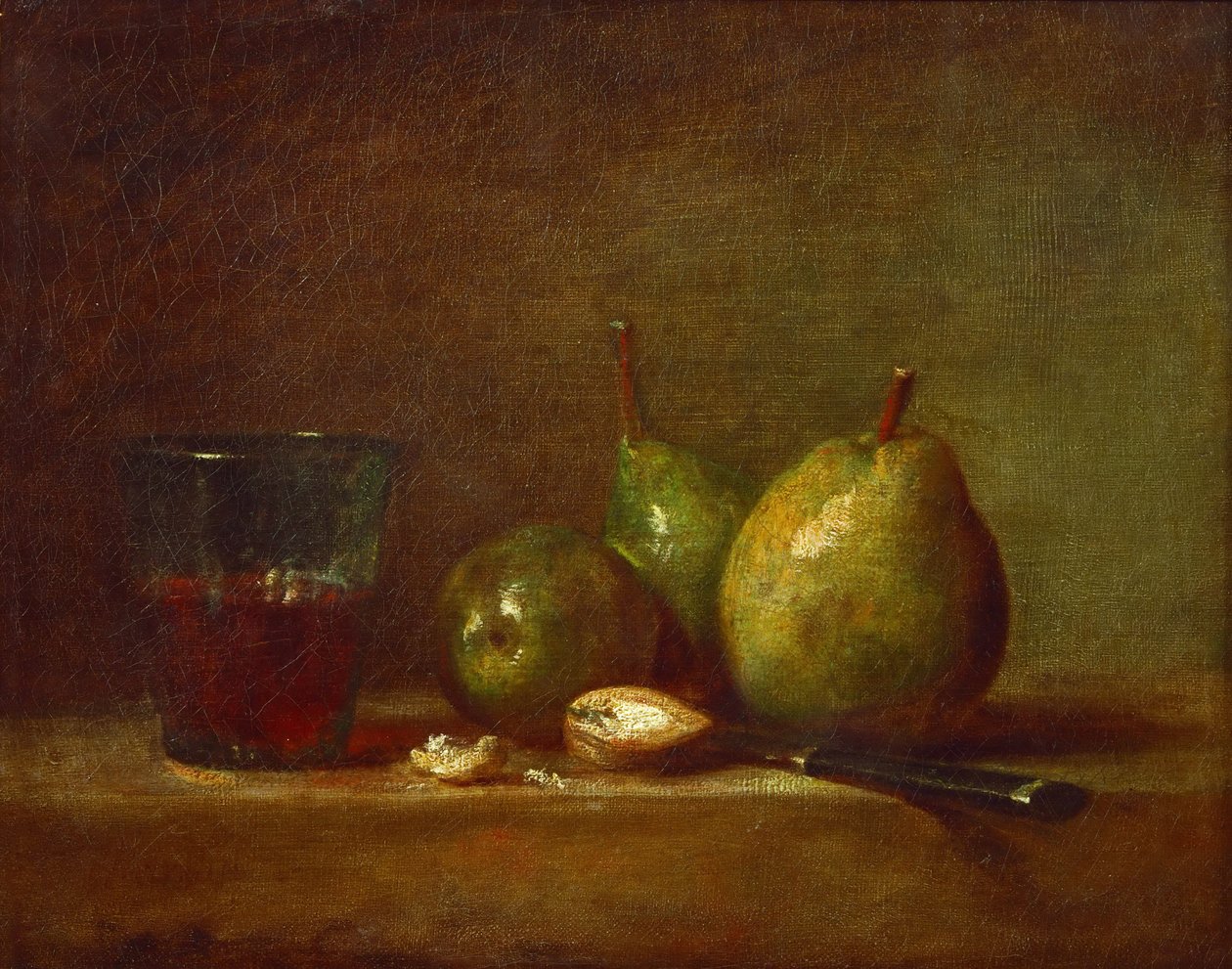 Päärynät, saksanpähkinät ja lasillinen viiniä tekijältä Jean Baptiste Simeon Chardin
