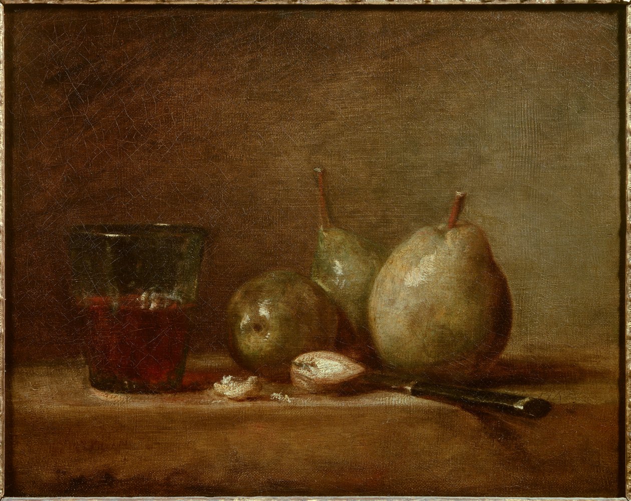 Päärynät, pähkinät ja lasi viiniä. Asetelma. Jean Baptiste Simeon Chardinin (1699-1779) maalaus tekijältä Jean Baptiste Simeon Chardin