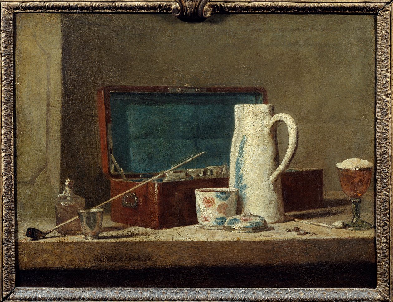 Piiput ja maljakko juomiseen tai tupakointiin Jean Baptiste Simeon Chardinin (1699-1779) maalaus 1700-luvun su. 0,32 x 0,42 m. Pariisi. Louvren taidemuseo tekijältä Jean Baptiste Simeon Chardin