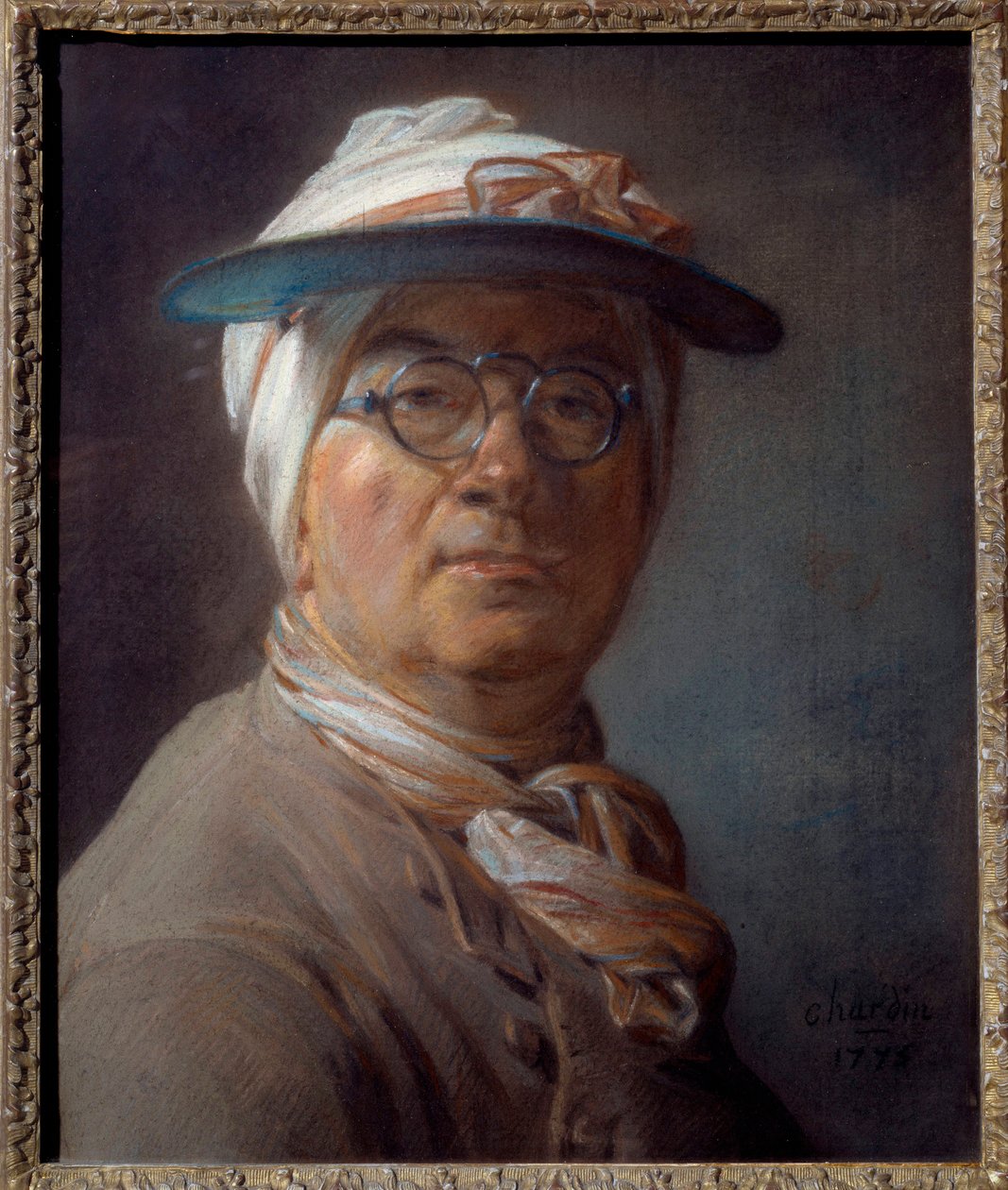 Omakuva nimeltä muotokuva vihreäksi lampunvarjostimeksi Jean Baptiste Simeon Chardinin (1699-1779) pastellimaalaus 1775 Su. 0,46x0,38 m - Salf muotokuva (vihreällä sävyllä) - Jean Baptiste Simeon Chardinin (1699-1779) maalaus, pastelli paperille (46x38 cm) tekijältä Jean Baptiste Simeon Chardin
