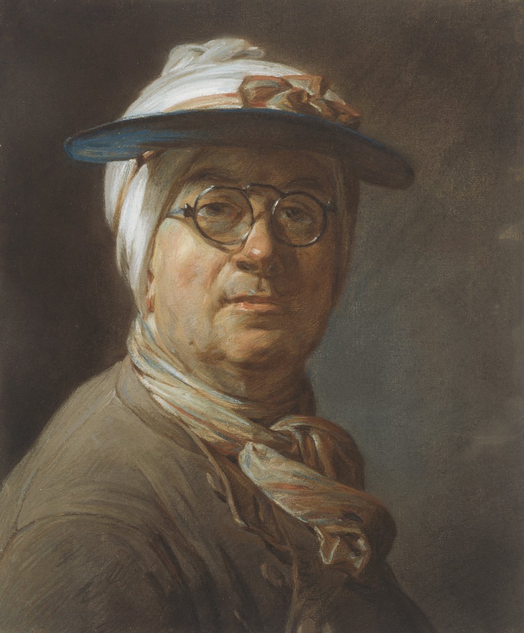 Omakuva visiirillä, n. 1776 (pastelli paperille, kiinnitetty kankaalle) tekijältä Jean Baptiste Simeon Chardin