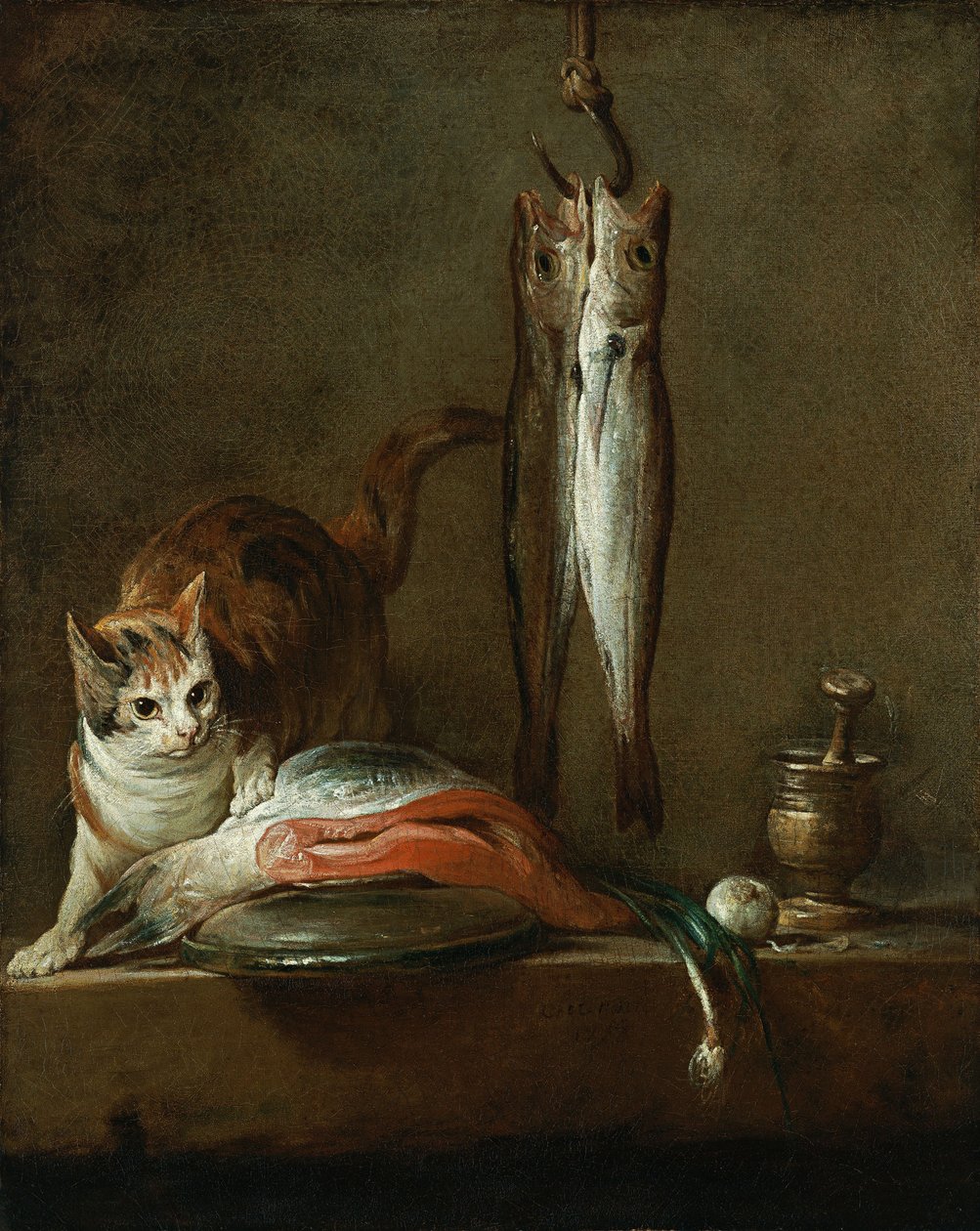 Asetelma kissan ja kalan kanssa tekijältä Jean Baptiste Simeon Chardin