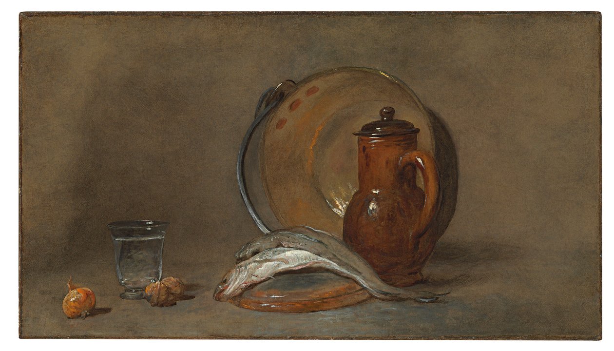 Asetelma kalan ja kupariruukun kanssa tekijältä Jean Baptiste Simeon Chardin