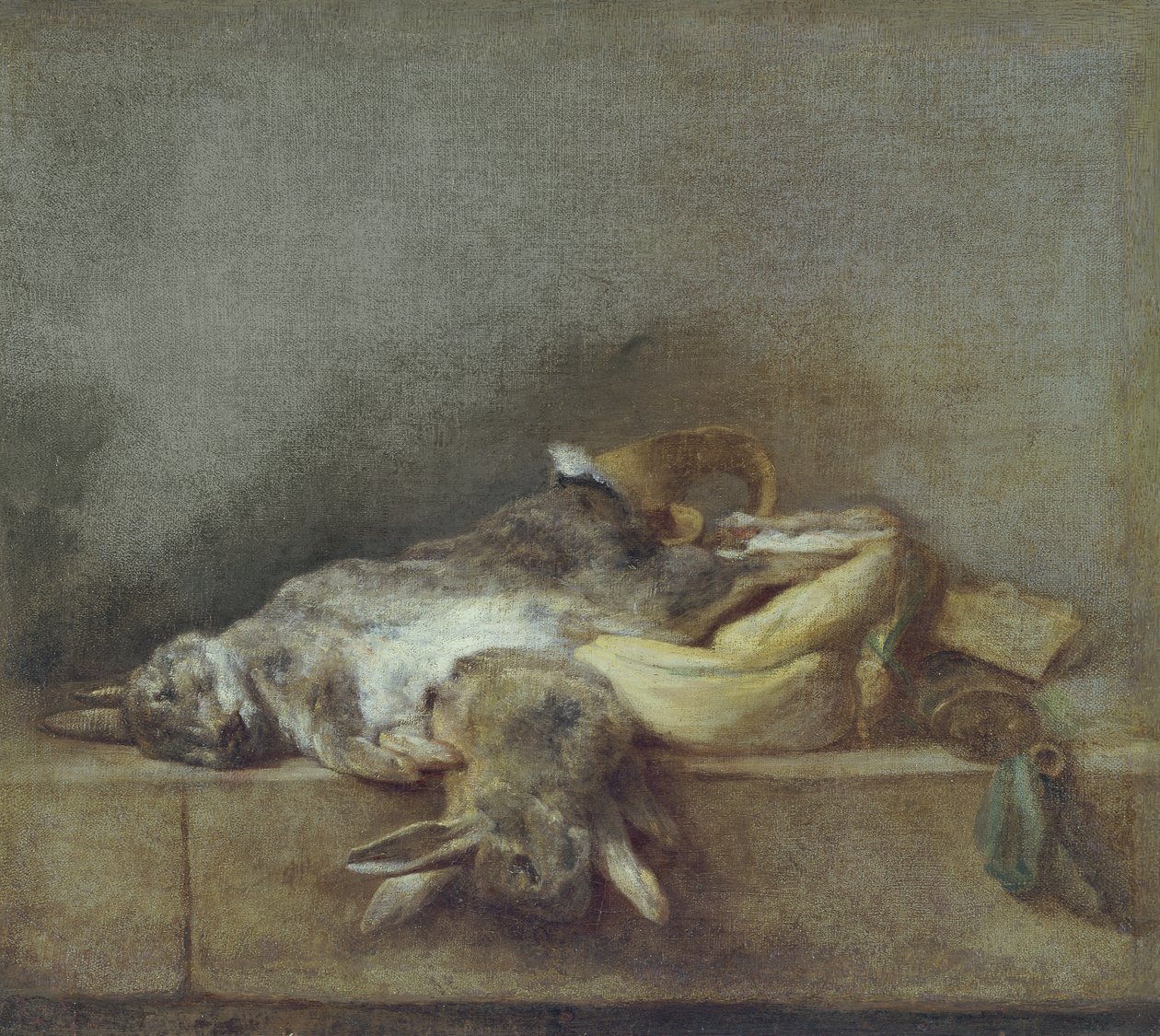 Asetelma kanien kanssa, pelilaukku ja ruutisarvi, n. 1755 tekijältä Jean Baptiste Simeon Chardin