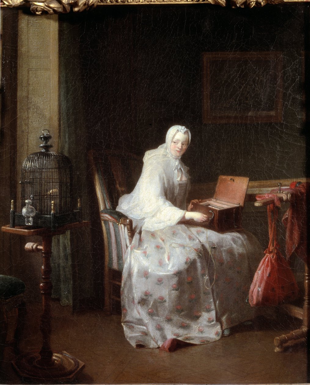 Kanaria tai nainen vaihtelemassa huvitöitä - öljy kankaalle tekijältä Jean Baptiste Simeon Chardin