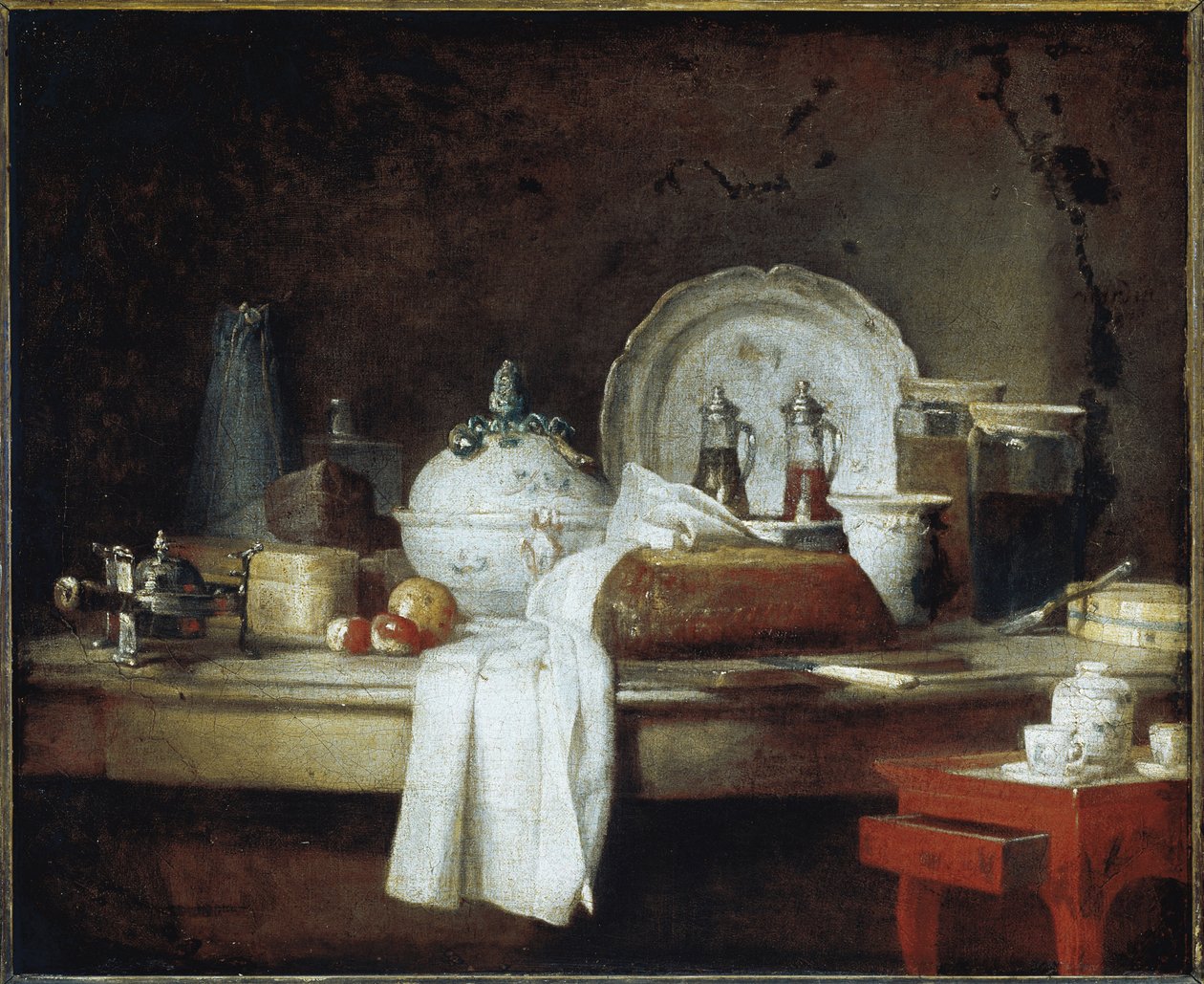 Upseerien sotku tai Lounasjälkiruokajuhlien jäänteet (öljy kankaalle, n. 1763) tekijältä Jean Baptiste Simeon Chardin
