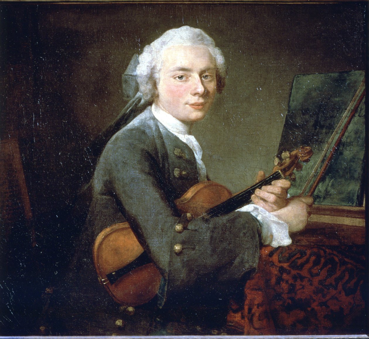 Nuori mies viulussa, noin 1738. Charles Theodose Godefroyn muotokuva. Jean Baptiste Simeon Chardin (1699 - 1789) öljy kankaalle. Pariisi, Louvre-museo. tekijältä Jean Baptiste Simeon Chardin