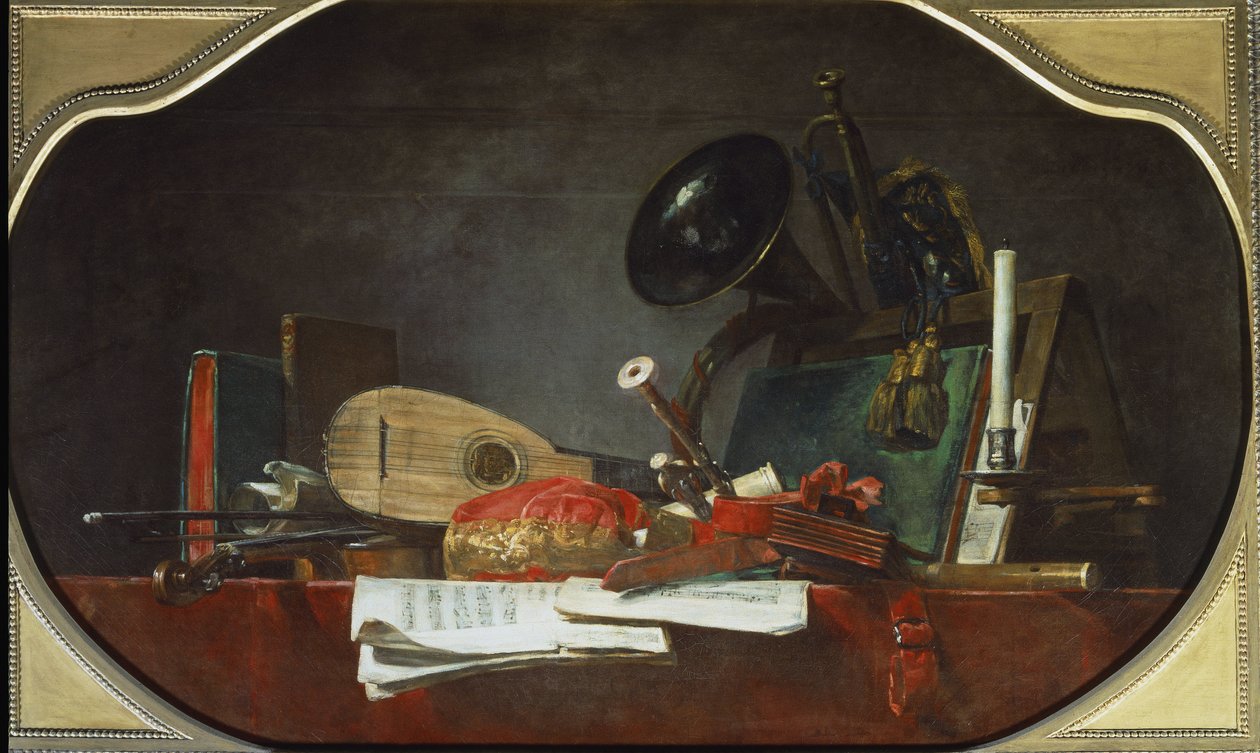 Musiikin ominaisuudet asetelma. Öljy kankaalle tekijältä Jean Baptiste Simeon Chardin