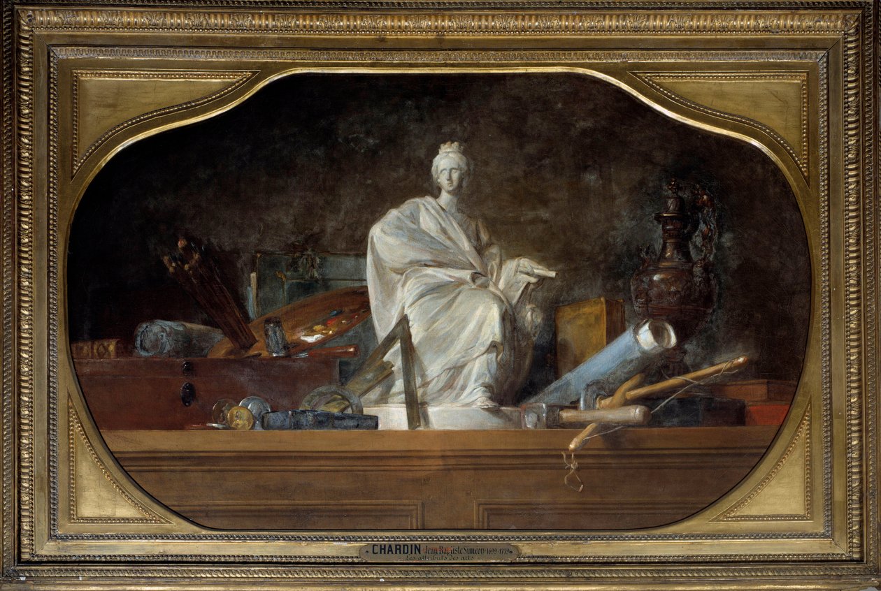 Attribuutit Arts Allegory of Arts kanssa kuvanveistäjä työkaluja, patsas. Jean Baptiste Simeon Chardinin (1699-1779) maalaus 1765 su. 0,91x1,45 m tekijältä Jean Baptiste Simeon Chardin