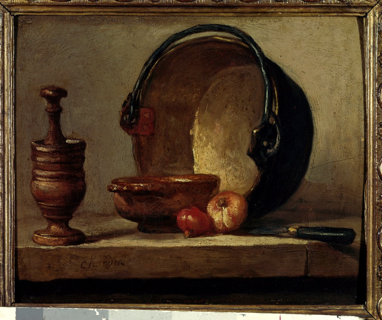 Kupari chaudon asetelma laastilla ja sipulilla. Jean Baptiste Simeon Chardinin (1699-1779) maalaus 1732 Paris, Musee Cognacq Jay tekijältä Jean Baptiste Simeon Chardin