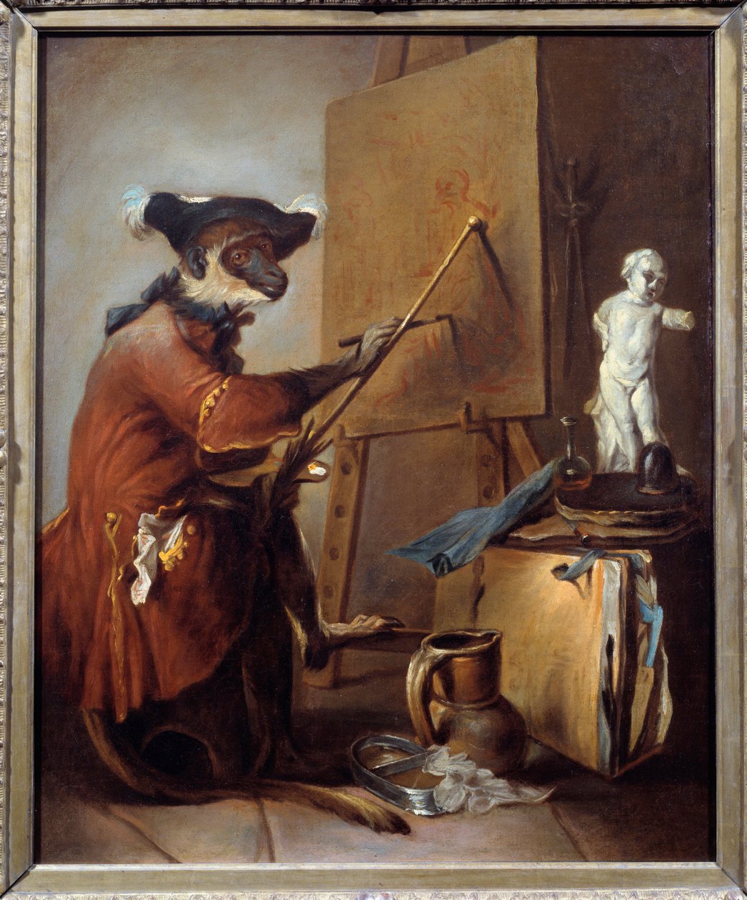 Taidemaalari apina. Apinan esitys ihmisen asennossa. Jean Baptiste Simeon Chardinin (1699-1779) maalaus tekijältä Jean Baptiste Simeon Chardin