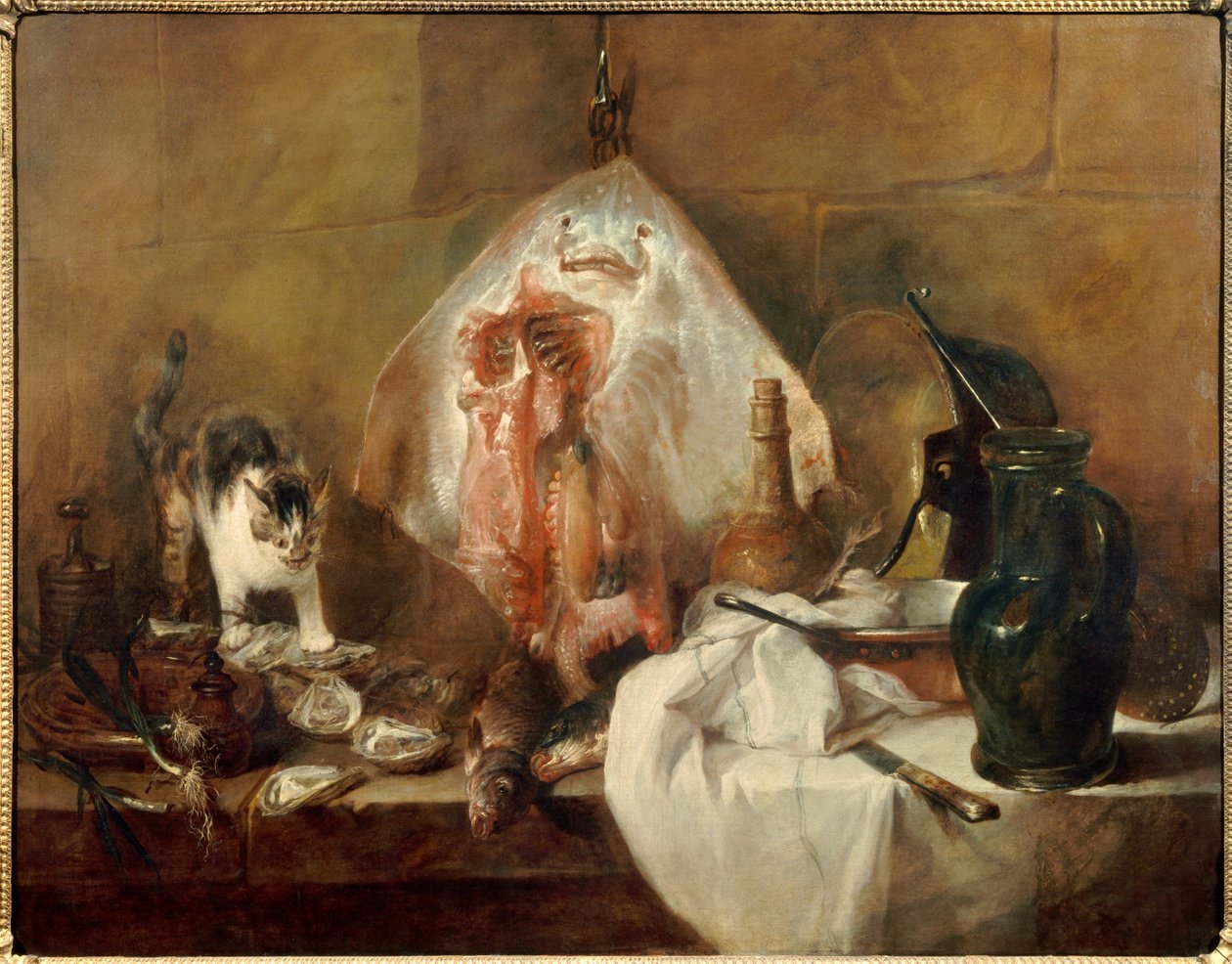 Kalojen asetelma, ostereita, kannu. Jean Baptiste Simeon Chardinin (1699-1779) maalaus 1727 su. 1,14 x 1,46 m Pariisi. Louvren taidemuseo tekijältä Jean Baptiste Simeon Chardin