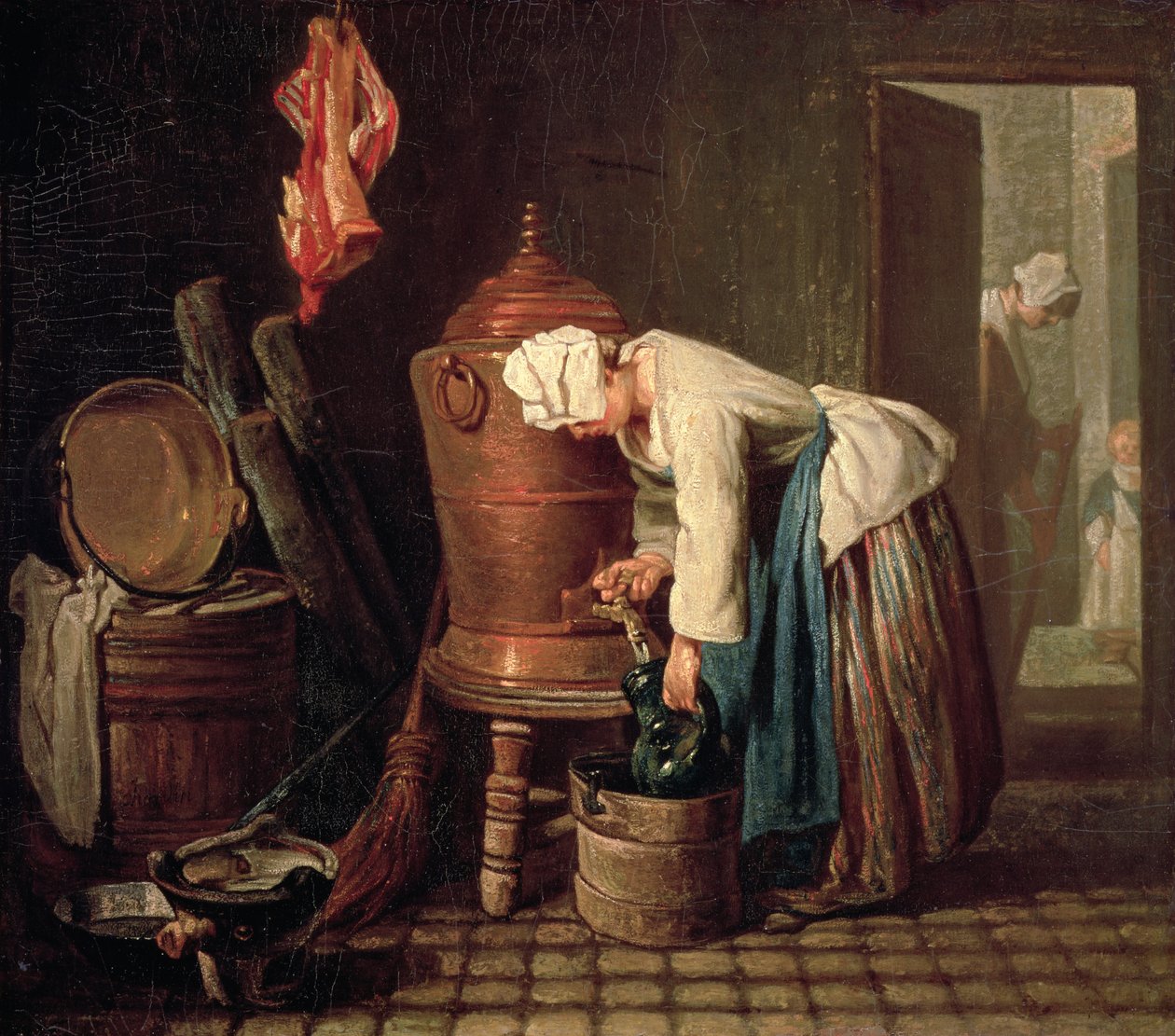 Nainen ammentaa vettä kuparisäiliöstä, n. 1732 tekijältä Jean Baptiste Simeon Chardin