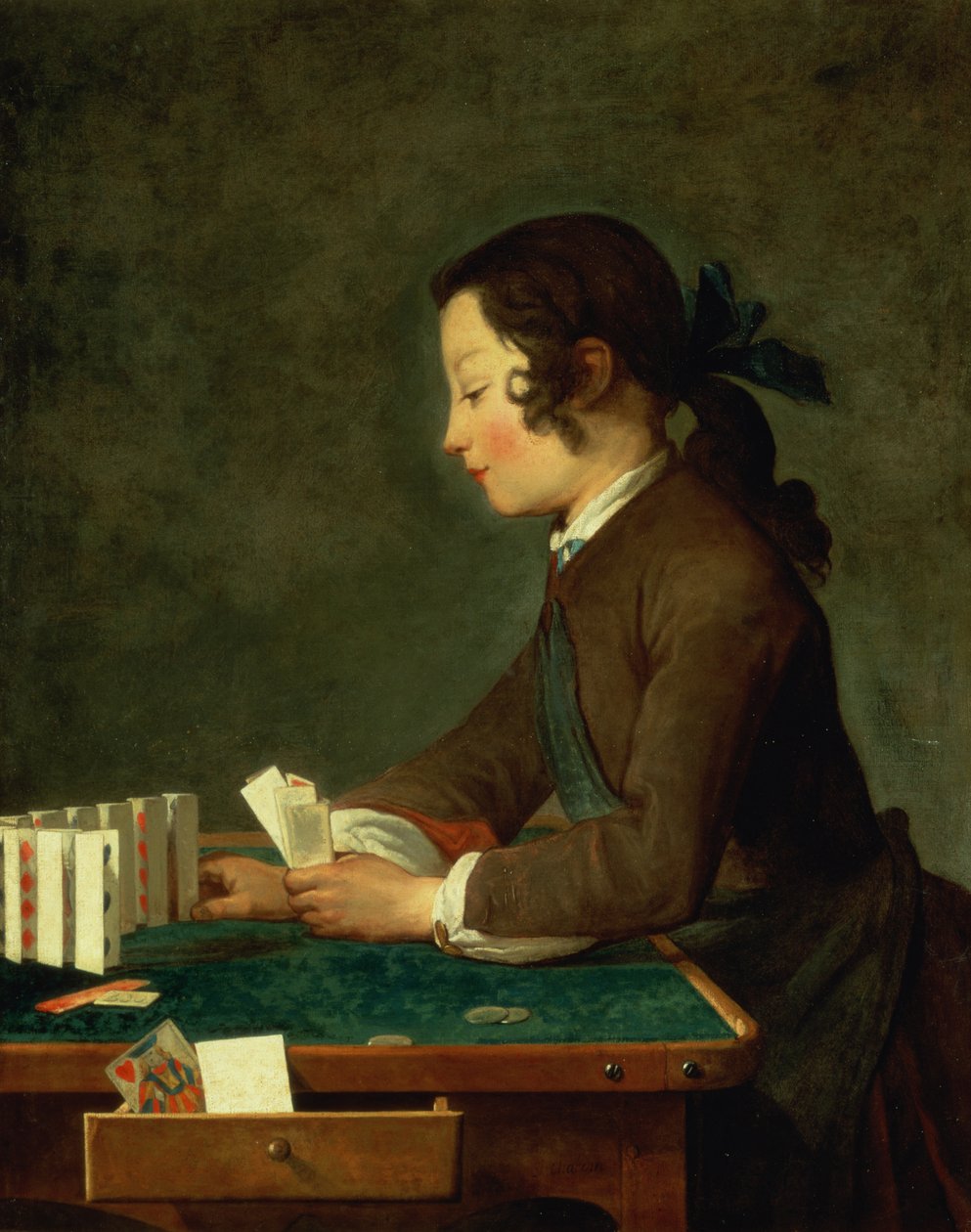 Nuori poika pelaa korttia tekijältä Jean Baptiste Simeon Chardin