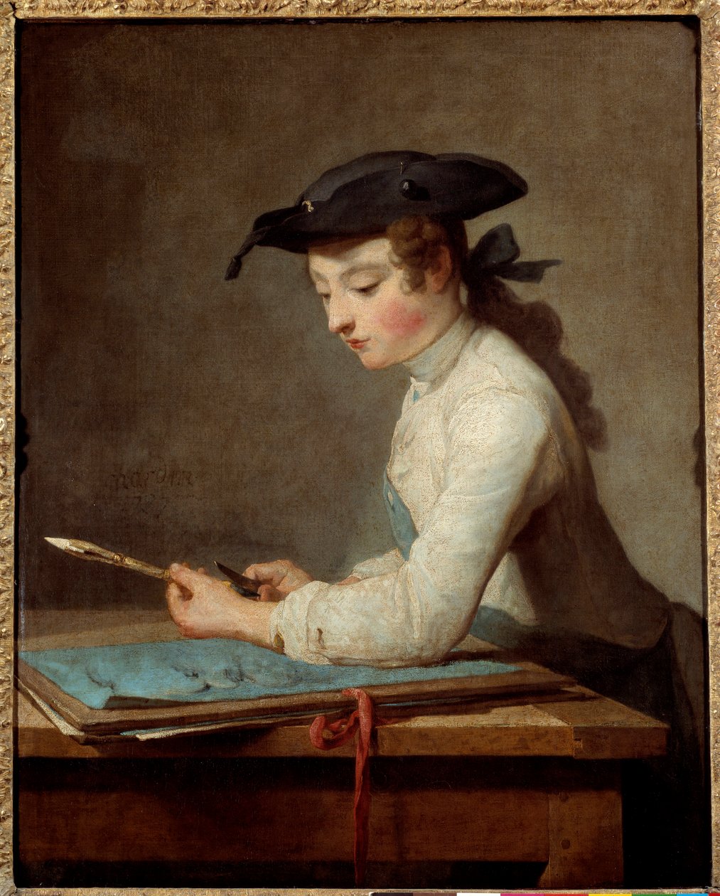 Nuori sarjakuvapiirtäjä veistämällä kynää. Jean Baptiste Simeon Chardinin (1699-1779) maalaus tekijältä Jean Baptiste Simeon Chardin