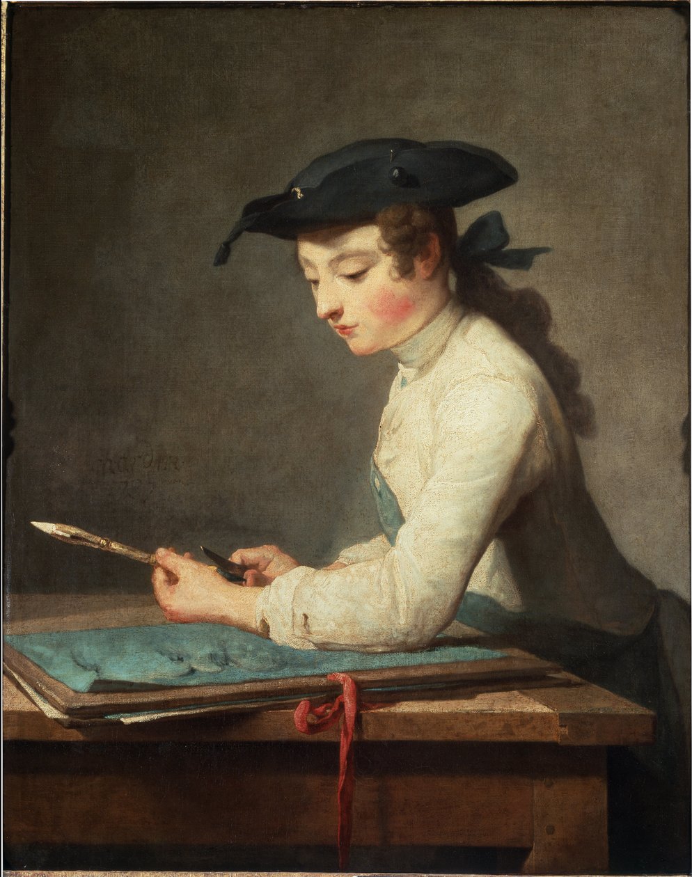 Nuori sarjakuvapiirtäjä veistämällä kynää. Jean Baptiste Simeon Chardinin maalaus tekijältä Jean Baptiste Simeon Chardin