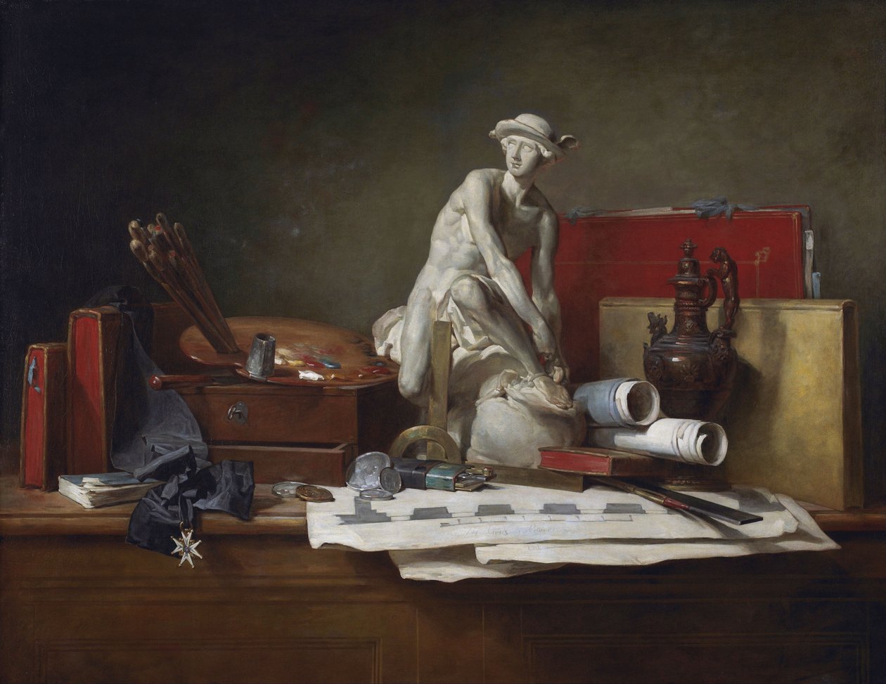 Ranskalainen:  Nature morte aver des attributs des Arts Taiteiden ominaisuudet ja niille myönnetyt palkinnot. tekijältä Jean Baptiste Simeon Chardin