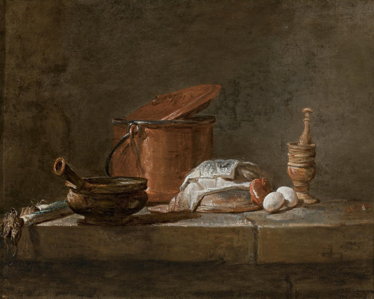 Purjosipulit, kattila, jossa on liina, kuparipata ja kansi, sipuli ja munat, murskain ja morttel, kivijalkalistalla tekijältä Jean Baptiste Simeon Chardin