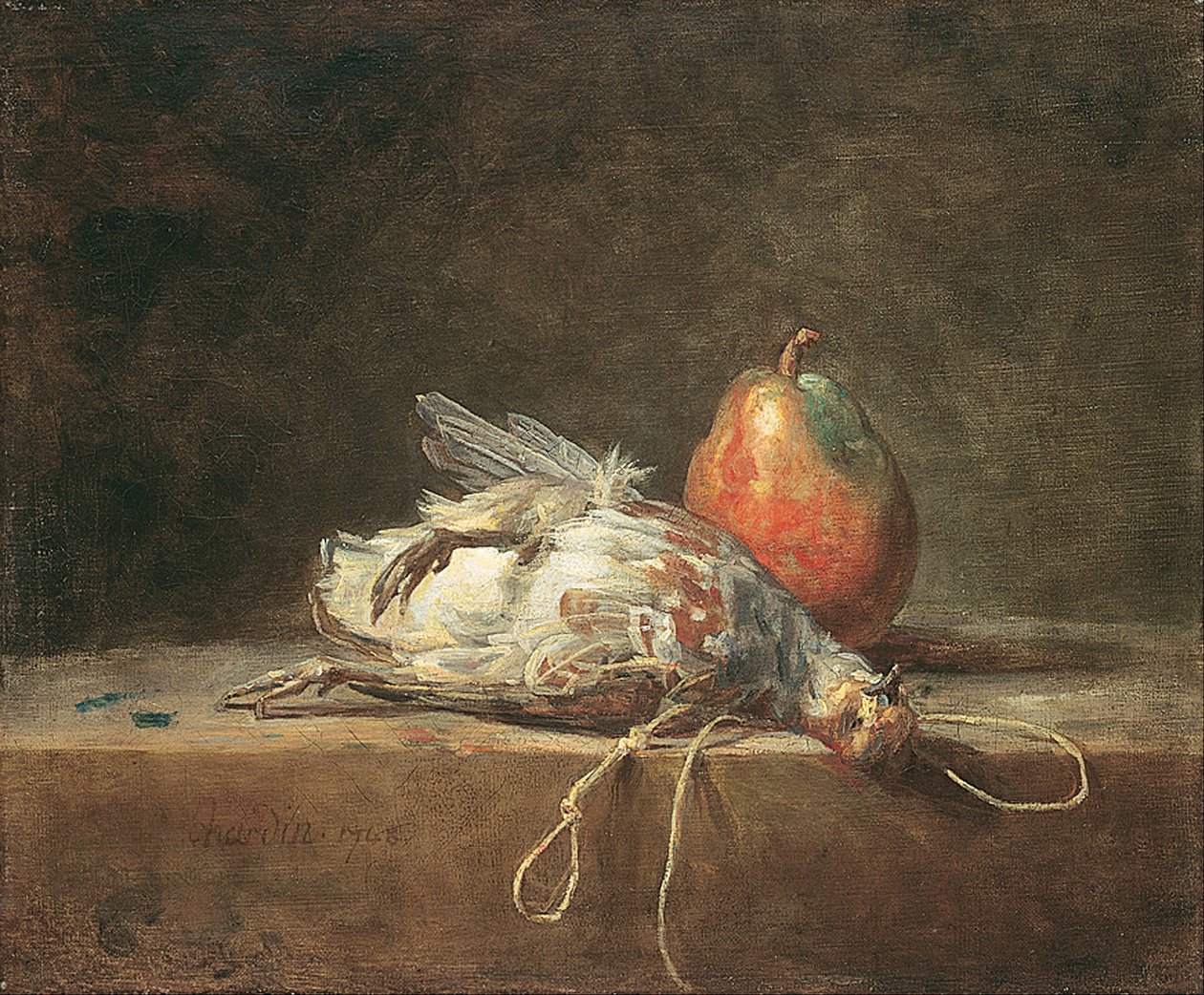 Asetelma, jossa on peltopyy ja päärynä tekijältä Jean Baptiste Simeon Chardin