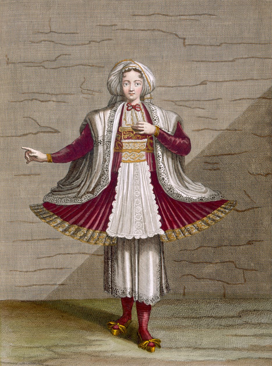 A Girl of Naxos, levy 71 Charles de Ferriolin kokoelmasta "Sata vedosta, jotka edustavat Levantin eri kansakuntia", kaiverrus Gerard Scotin (1671-1716), 1707-08 (värillinen engra) tekijältä Jean Baptiste Vanmour