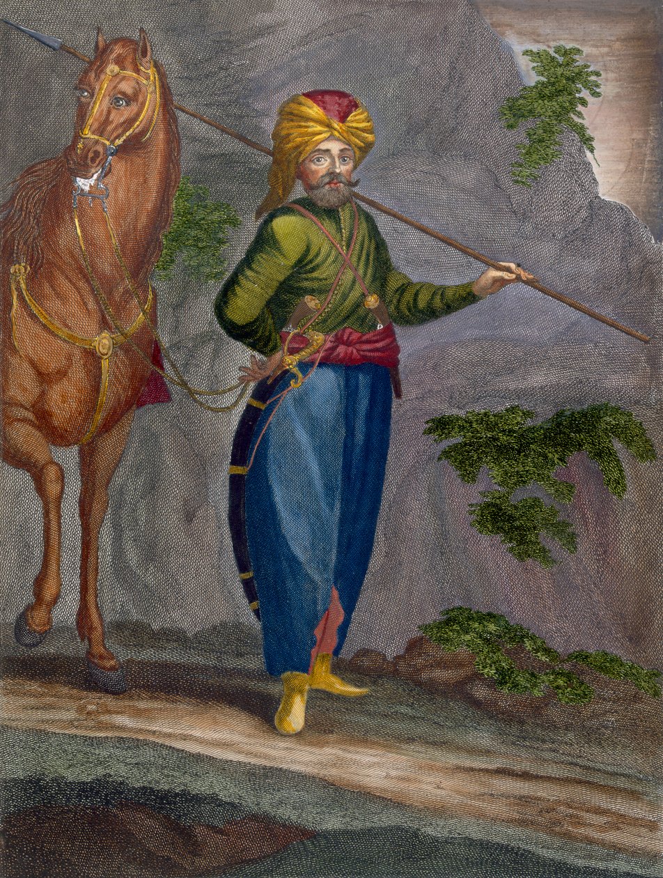 Spahi, levy 34 Charles de Ferriolin kokoelmasta "Sata vedosta, jotka edustavat Levantin eri kansakuntia", kaiverrus Gerard Scotin (1671-1716), 1707-08 tekijältä Jean Baptiste Vanmour