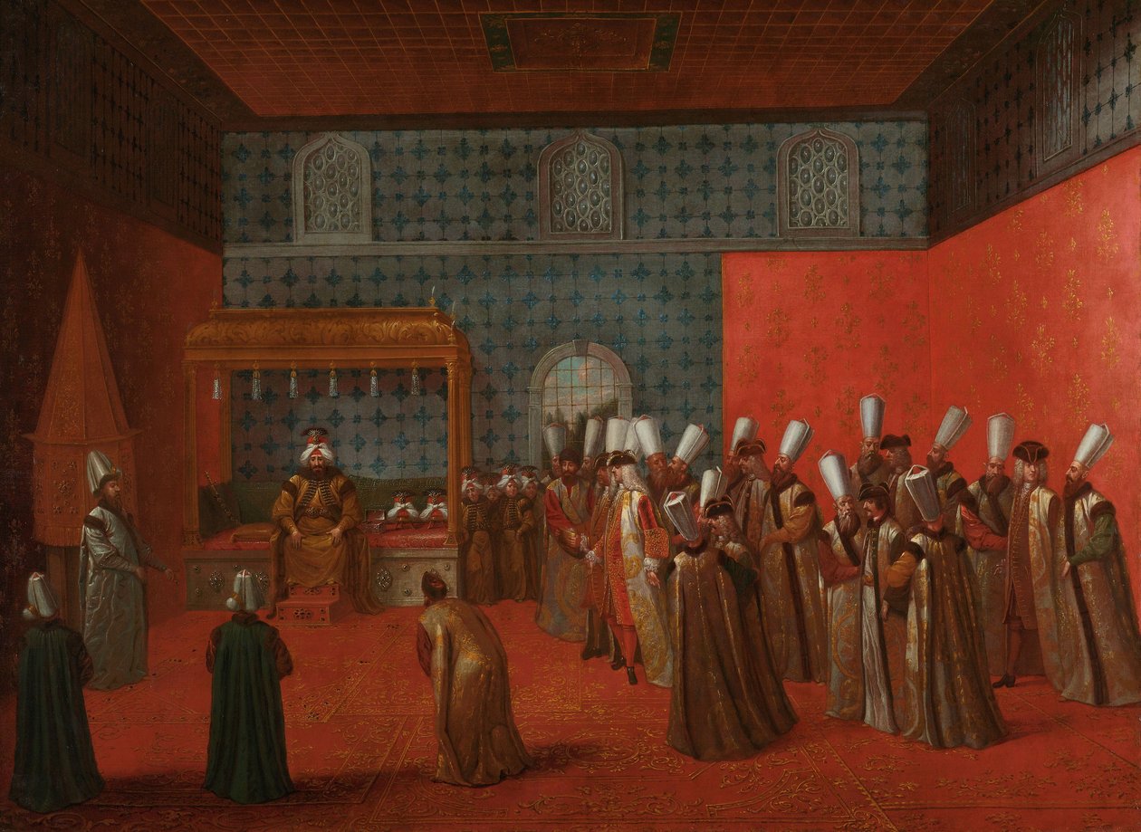 Suurlähettiläs Cornelis Calkoen yleisölle sulttaani Ahmed III:n kanssa, n. 1727-30 tekijältä Jean Baptiste Vanmour