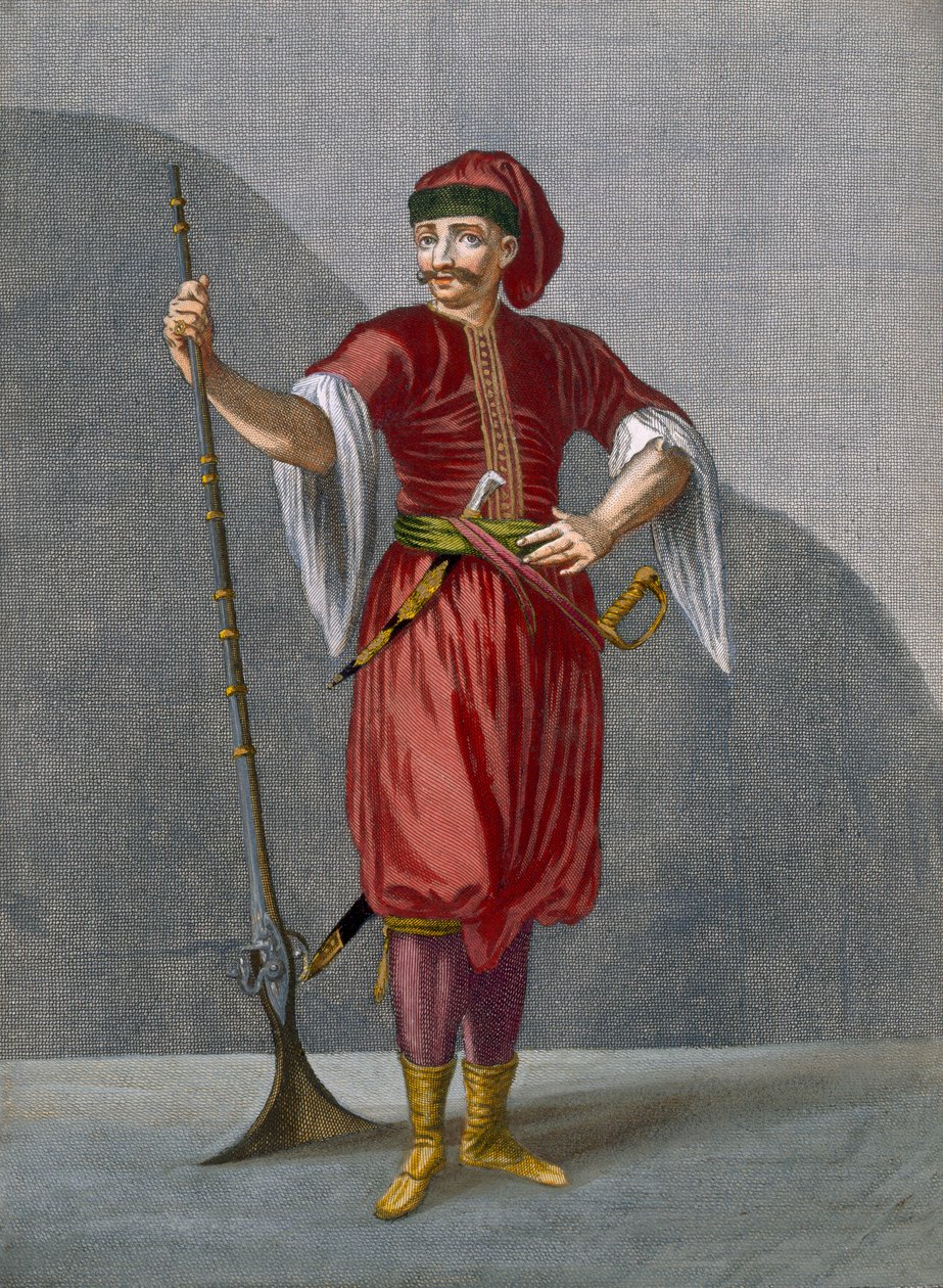 Albanialainen sotilas, levy 78 Charles de Ferriolin teoksesta "Sata vedosta, jotka edustavat Levantin eri kansakuntia", kaiverrus Gerard Scotin (1671-1716), 1707-08 (värillinen e tekijältä Jean Baptiste Vanmour