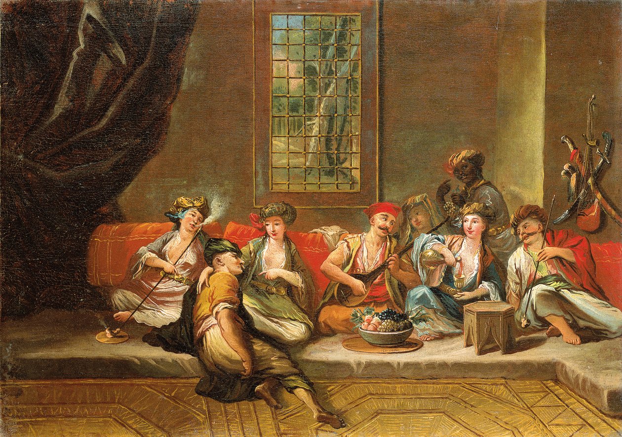 Kreikkalaiset merimiehet iloitsevat sisätiloissa tekijältä Jean Baptiste Vanmour