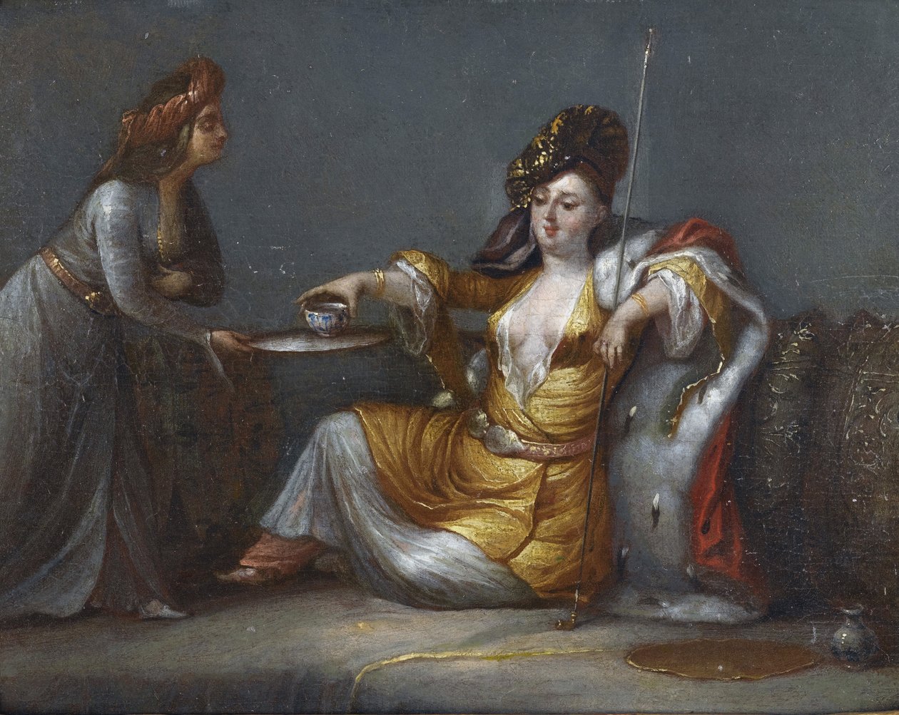 ""Sultana ottaa kahvia"" (Sultana ottaa kahvia) Maalaus Jean Baptiste (Jean-Baptiste) Vanmourin (Van Mour) koulusta (1671-1737) Yksityinen kokoelma tekijältä Jean Baptiste Vanmour
