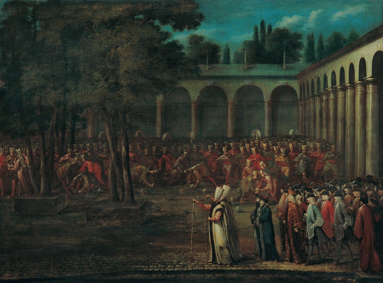 Suurlähettiläsvaltuuskunta kulkee Topkapın palatsin toisen sisäpihan läpi. tekijältä Jean Baptiste Vanmour