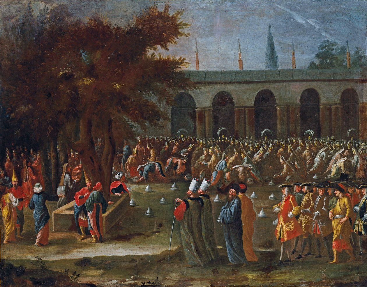Sulttaani Ahmed III vastaanottaa Alankomaiden suurlähettilään seurueneen Topkapin palatsissa Istanbulissa tekijältä Jean Baptiste Vanmour