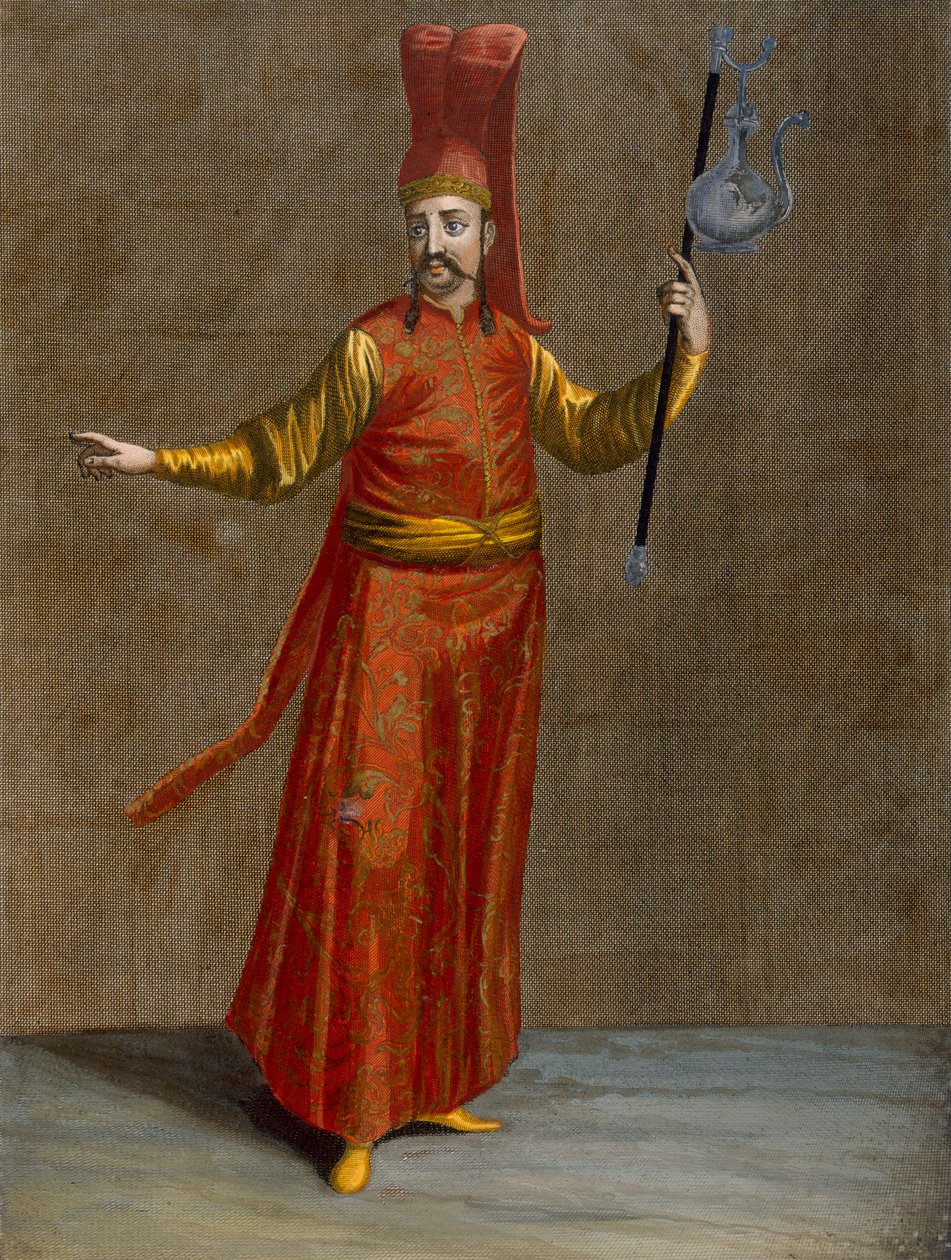 Ibriktar Agassi, levy 6 Charles de Ferriolin "Collection of One Hundred Prints Representing the Different Nations of the Levant" -teoksesta, kaiverrettu Gerard Scotinin (1671-1716) toimesta, 1707-08 (värillinen en). tekijältä Jean Baptiste Vanmour