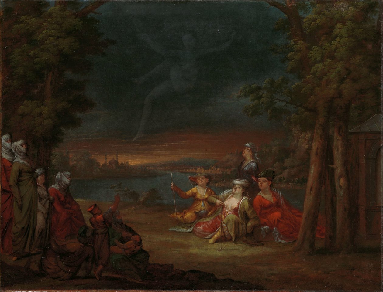 Turkkilaiset naiset maaseudulla lähellä Istanbulia Turkkilaiset naiset lähellä Konstantinopolia katsovat ilmestystä taivaalla tekijältä Jean Baptiste Vanmour