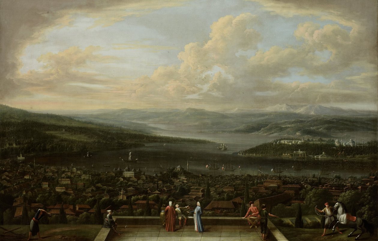 Näkymä Istanbuliin Alankomaiden suurlähetystöstä Perassa, noin 1720-37. tekijältä Jean Baptiste Vanmour