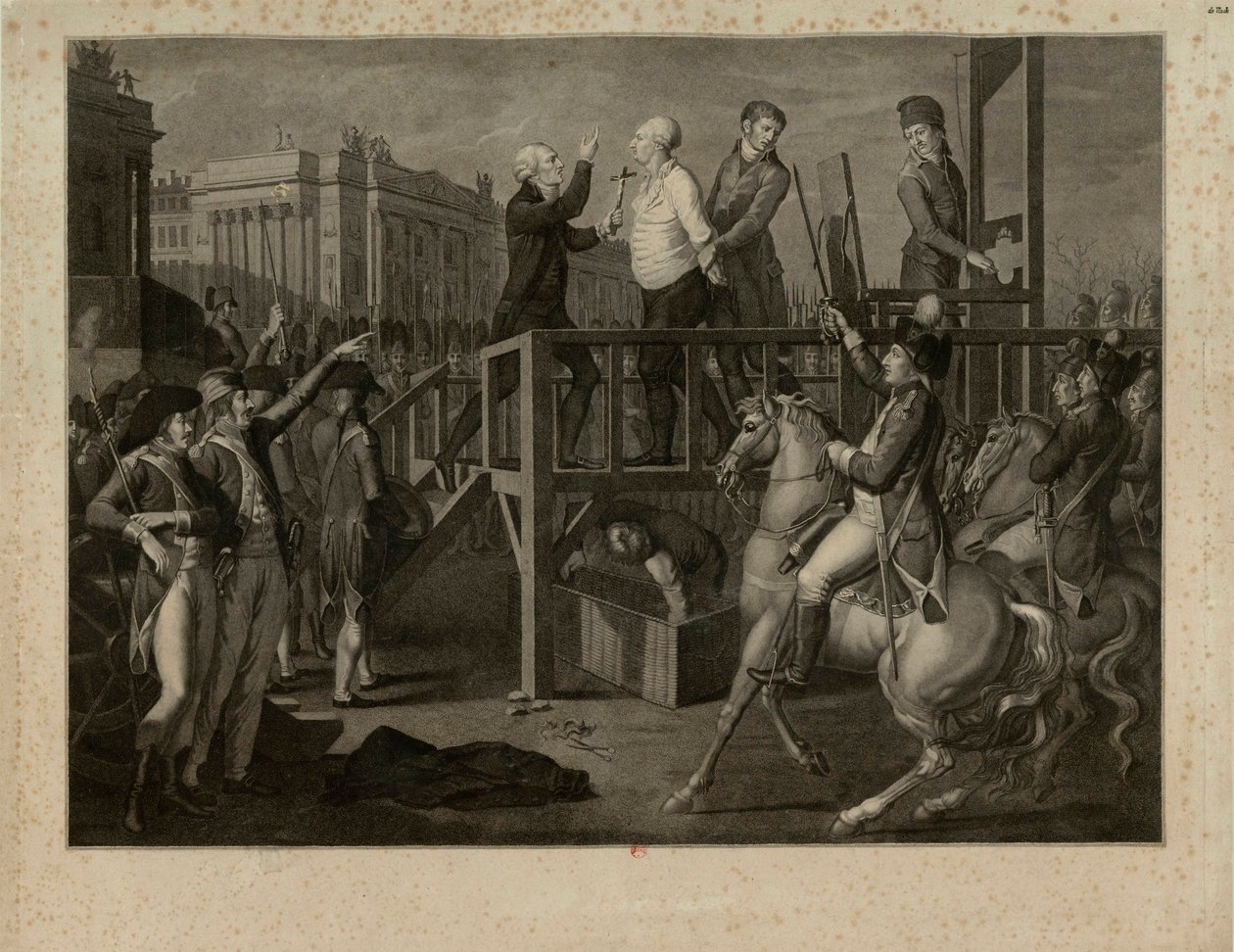 Ludvig XVI:n teloitus Place de la Revolutionissa 21. tammikuuta 1793, noin 1794. tekijältä Jean Baptiste Verite