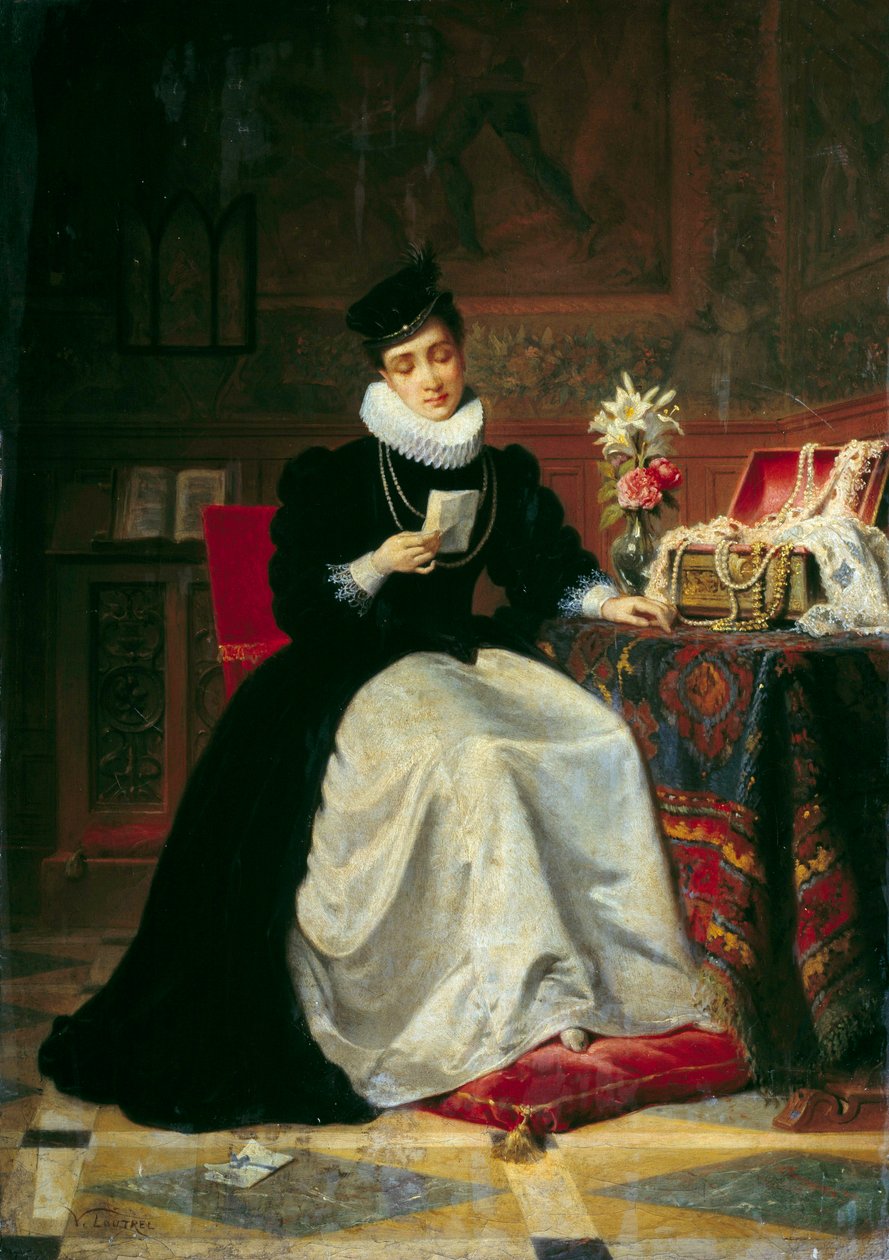 Nainen lukemassa kirjettä Jea-Baptiste Victor Loutrelin (1821-1908) maalaus 1800-luvun su. 0,48x0,34 m Rouen, Musee des Beaux Arts tekijältä Jean Baptiste Victor Loutrel