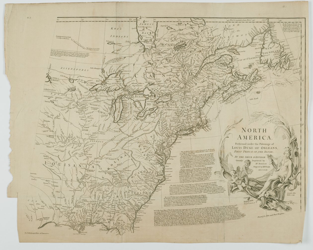 Pohjois-Amerikka, kaiverrus Richard William Seale, 1752 tekijältä Jean Baptiste after dAnville