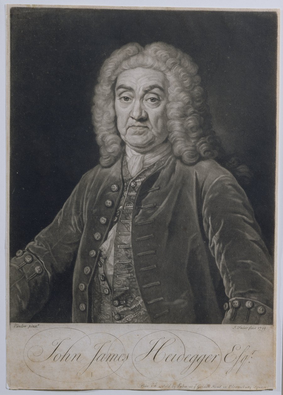 Muotokuva John James Heideggeristä (1666-1749), sveitsiläinen impressario Lontoossa, kaiverrus John Faber (1684-1756), 1749 tekijältä Jean Baptiste van Loo