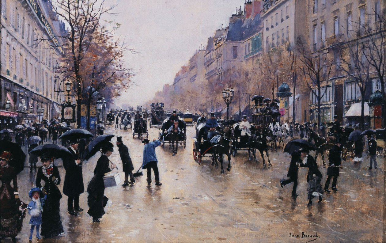 Boulevard Poissonière sateella, n. 1880 (öljy kankaalle). tekijältä Jean Beraud