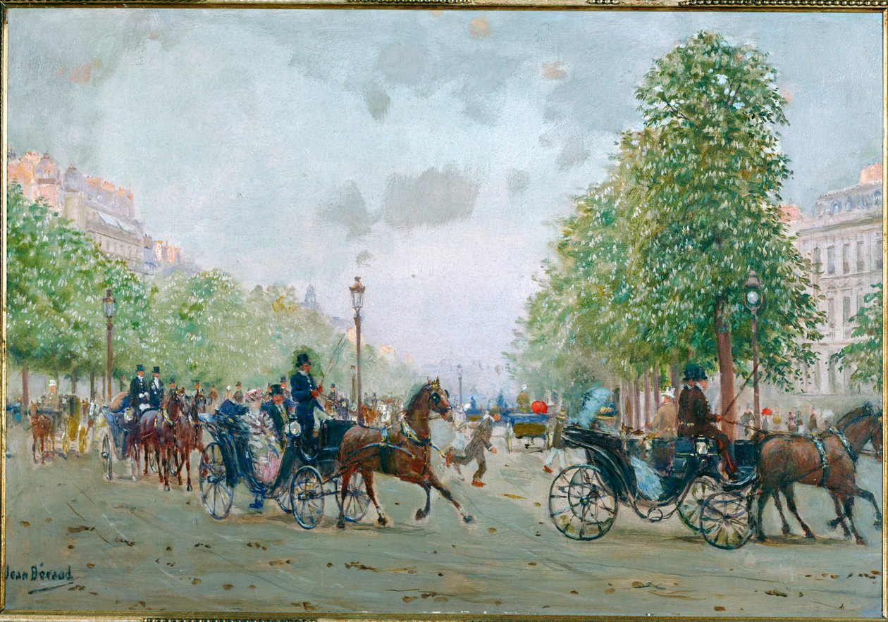 Linja-autot Champs Elyseesillä, Pariisi (maalaus kankaalle) tekijältä Jean Beraud