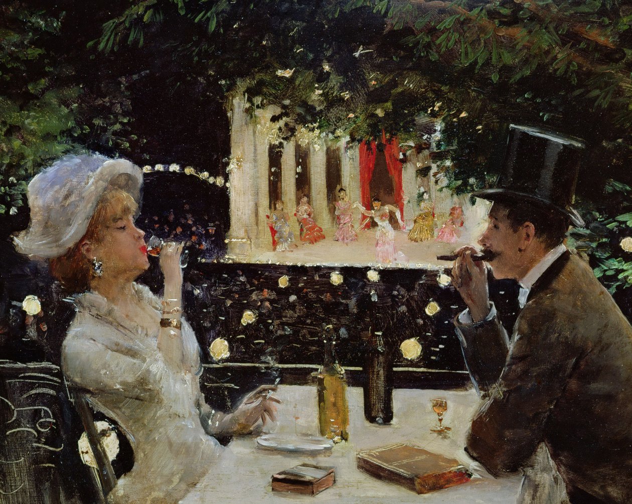 Illallinen Ambassadorissa, n. 1880. tekijältä Jean Beraud