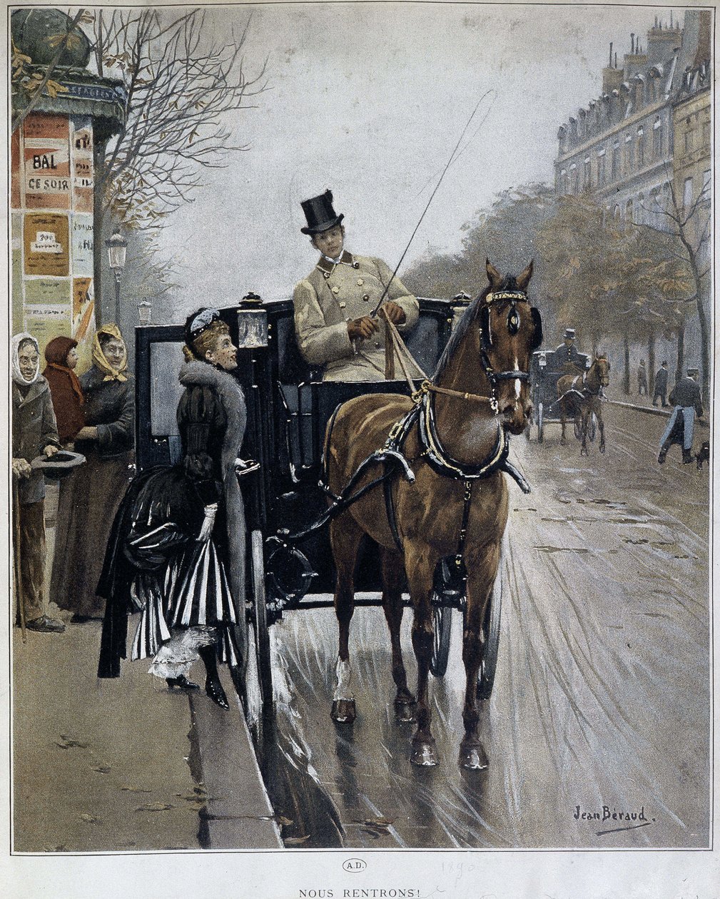 Tyylikäs nainen vaunuissa Pariisissa: "We returnees" - kuvitus Jean BERAUD (1849 - 1935), 1800-luvun loppu. tekijältä Jean Beraud