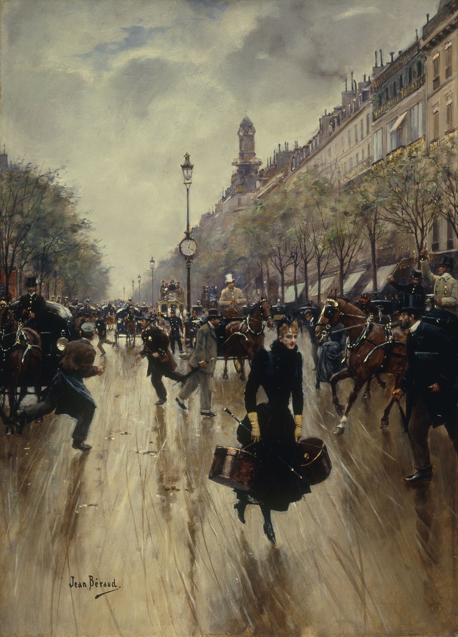 Neljä iltapäivällä Carrefour Drouotilla ja Grand Boulevardilla, n. 1895 tekijältä Jean Beraud