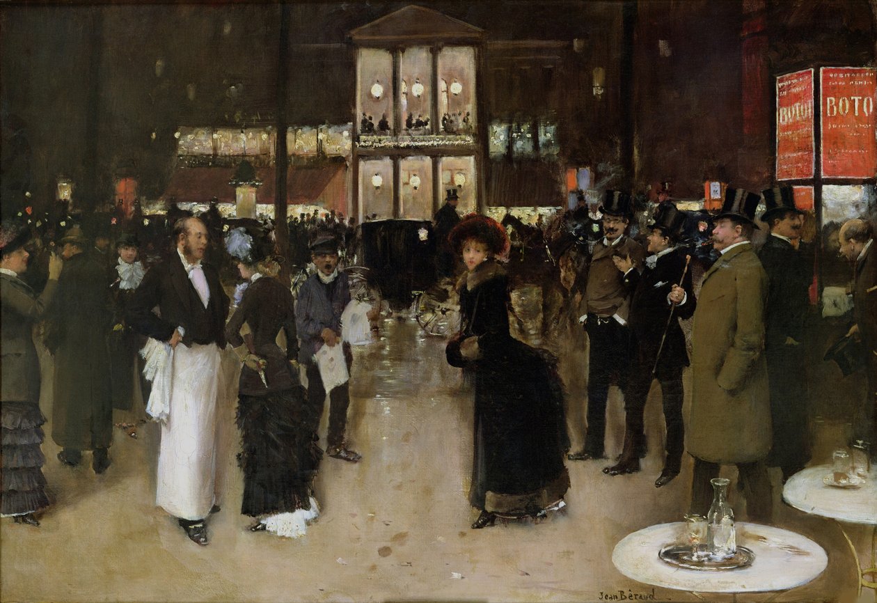 Boulevard Montmartre yöllä, Théâtre des Variétésin edessä, noin 1885. tekijältä Jean Beraud