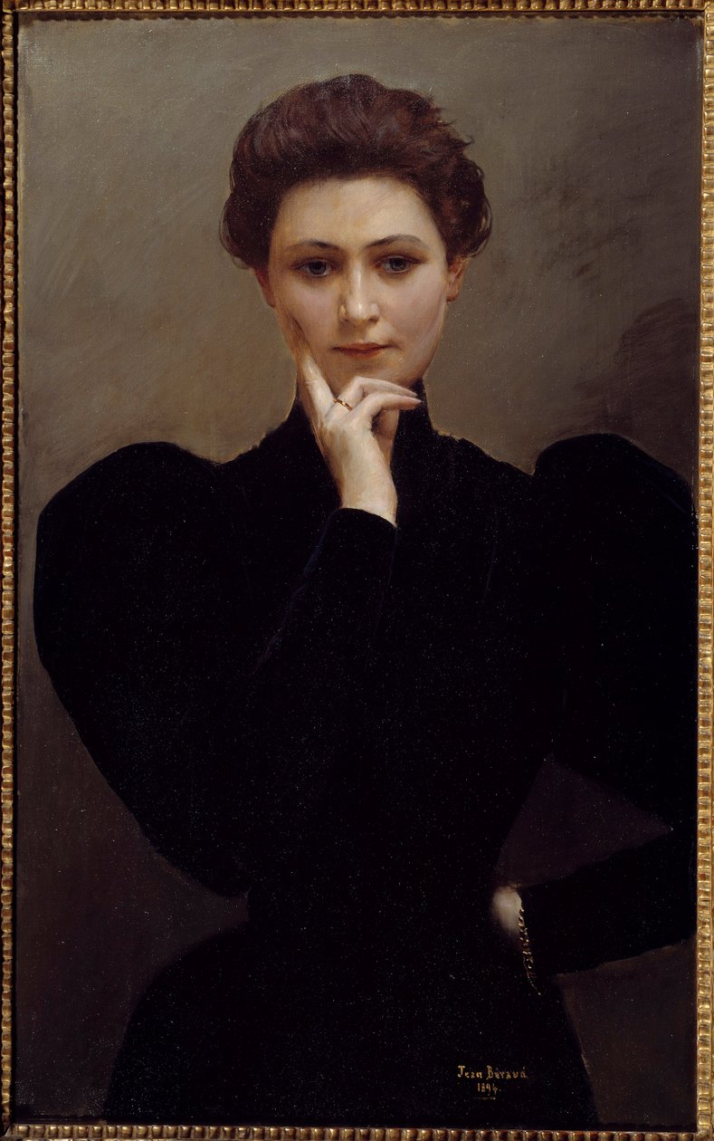 Meditaatio Mietteliäs nuori nainen pukeutunut muotiin Belle Epoque. Jean Beraud