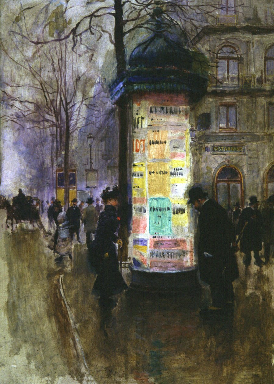 Morris-pylväs, n. 1900 (akvarelli) tekijältä Jean Beraud