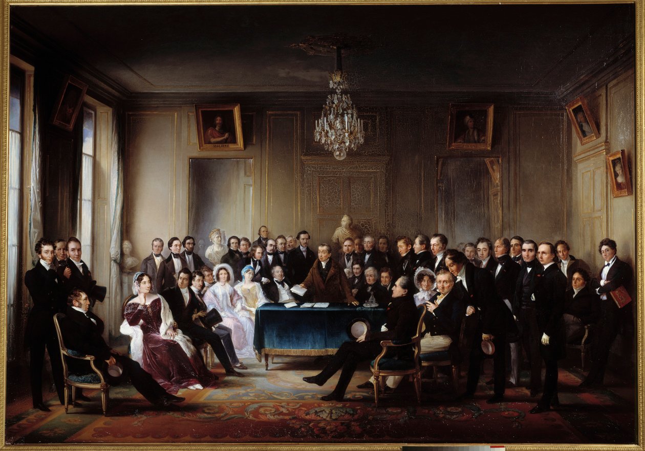 Runoilija ja näytelmäkirjailija Francois Guillaume Andrieux lukee tragediansa Junius Brutus "" Comedie Francaisen aulassa 26.5.1828" Lahjoissa Alexandre Dumas, Pierre Nicolas Michelot, Jean Francois Becquerel, Firmin, Victor Hugo, Eugene tekijältä Jean Beraud
