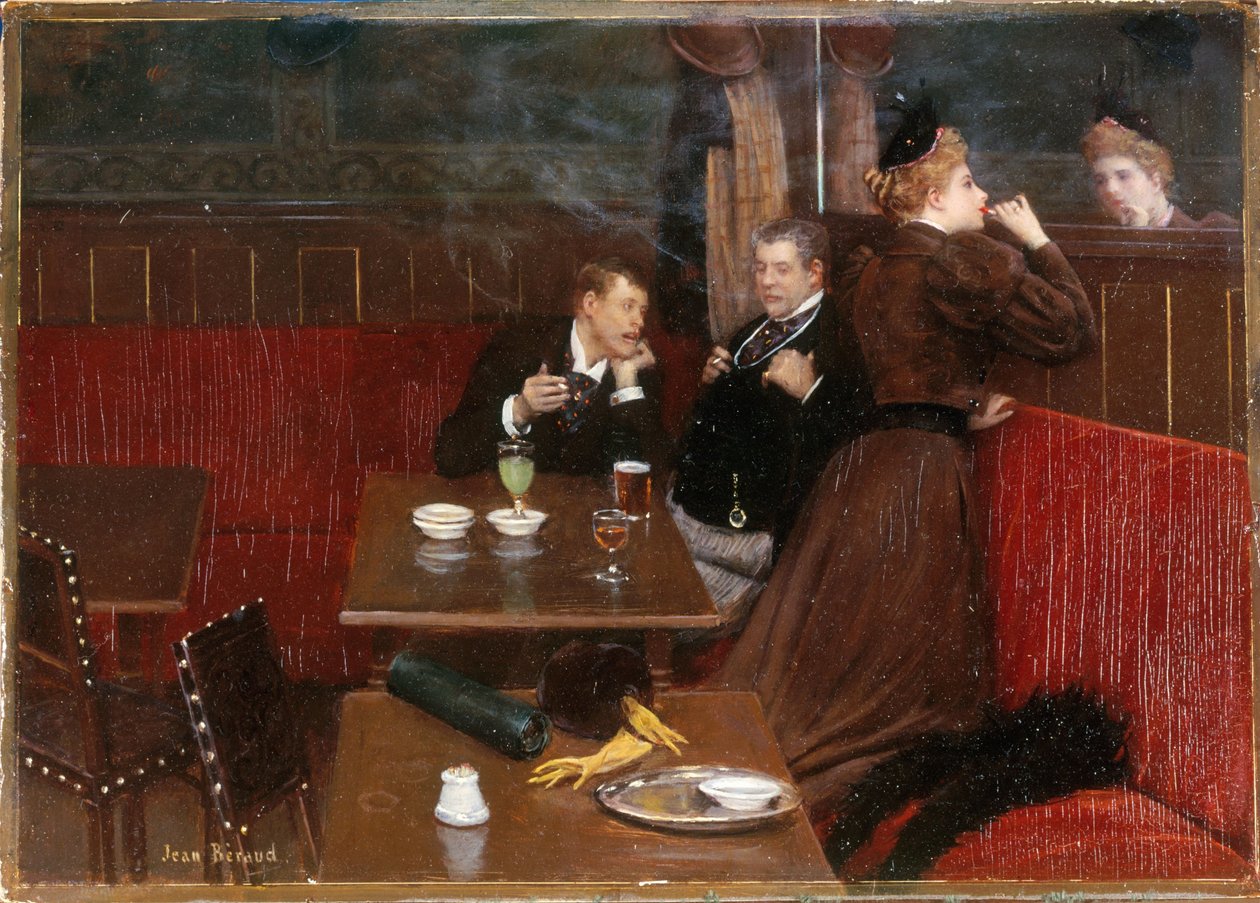 Kolme hahmoa kahvilassa, n. 1890 (öljy kankaalle). tekijältä Jean Beraud