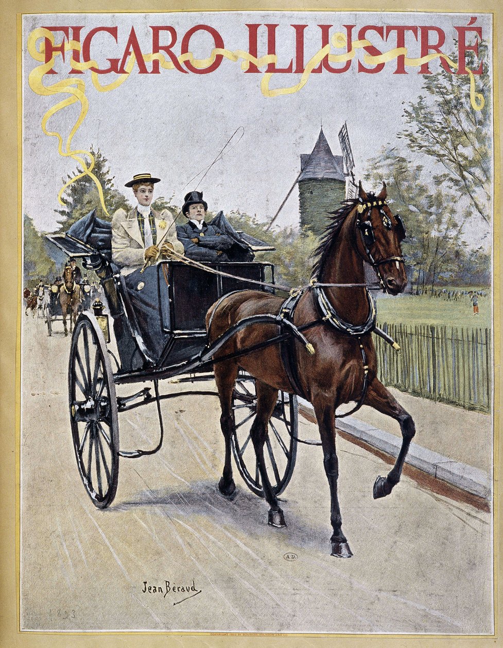 Nainen ajaa vaunua miehen kanssa naapurissa – kansikuvassa "" Figaro Illustré"" tekijältä Jean Beraud