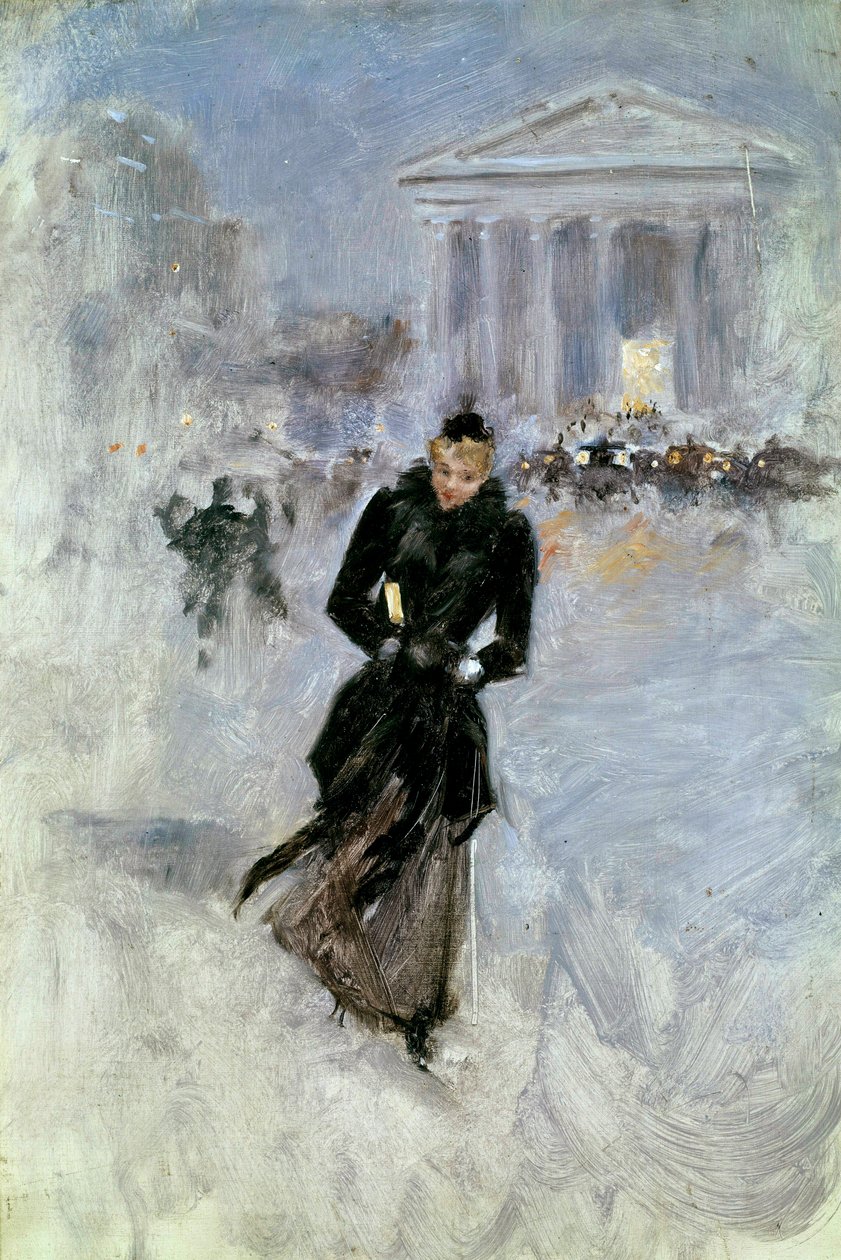 Nuori tyylikäs nainen boalla rue Royalella Pariisissa Jean Beraud
